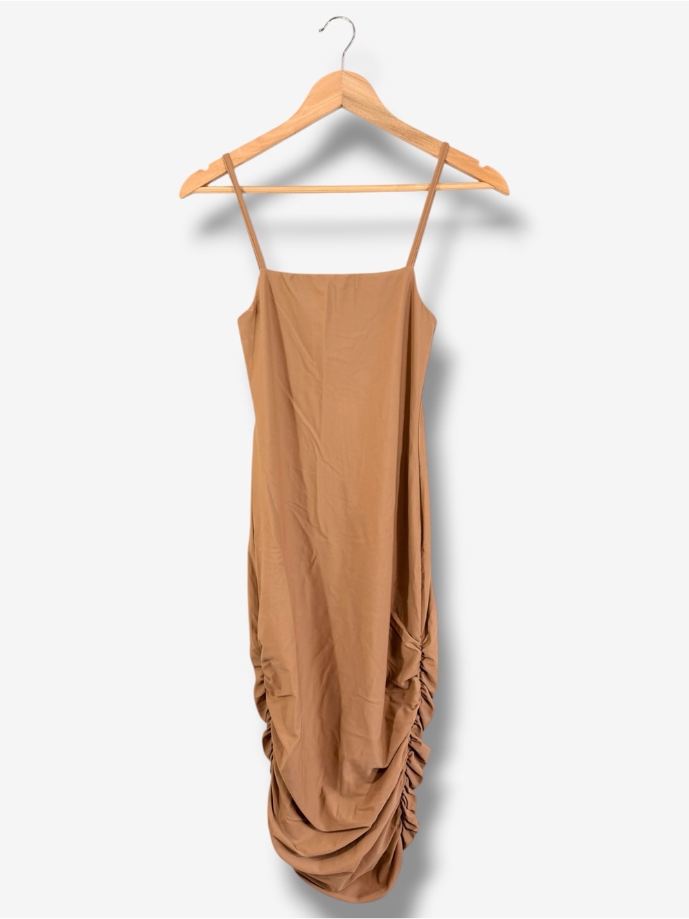 Superdown Yovanna Midi Dress XS Tan Brown Square Neck Ruched Sides Sleeveless